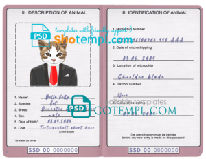 South Sudan cat (animal, pet) passport PSD template, fully editable