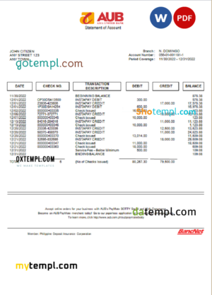 France Citibank bank statement template in Word and PDF format