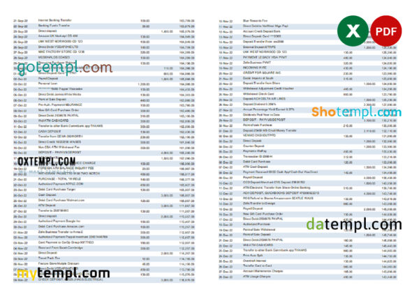 real 300 random bank transactions, Excel and PDF template, 7 pages