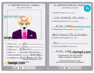 Guinea dog (animal, pet) passport PSD template, fully editable