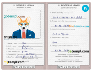 Indonesia dog (animal, pet) passport PSD template, fully editable