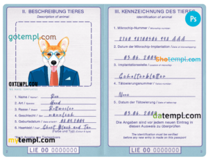Liechtenstein dog (animal, pet) passport PSD template, fully editable
