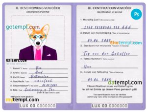 Luxembourg dog (animal, pet) passport PSD template, fully editable