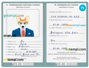 Malaysia dog (animal, pet) passport PSD template, completely editable