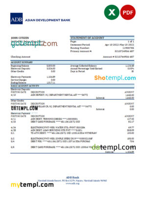 Marshall Islands ADB bank statement Excel and PDF template