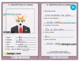 Nauru dog (animal, pet) passport PSD template, fully editable