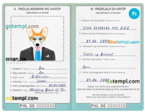 Philippines dog (animal, pet) passport PSD template, fully editable