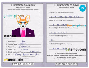Portugal dog (animal, pet) passport PSD template, completely editable