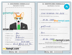 Romania dog (animal, pet) passport PSD template, fully editable