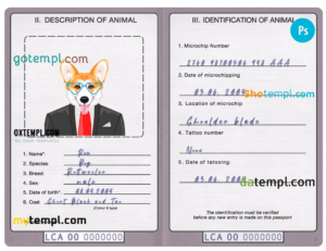 Dominican Republic cat (animal, pet) passport PSD template, fully editable
