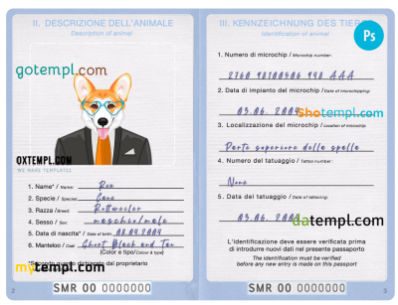 San Marino dog (animal, pet) passport PSD template, fully editable San Marino dog (animal, pet) passport PSD template, fully editable