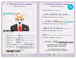 Senegal dog (animal, pet) passport PSD template, fully editable