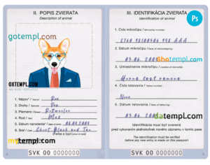 Slovakia dog (animal, pet) passport PSD template, fully editable
