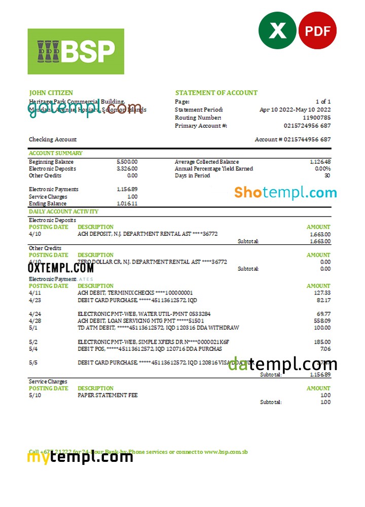 Solomon Islands BSP bank statement, Excel and PDF template Solomon Islands BSP bank statement, Excel and PDF template