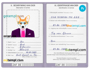 South Africa dog (animal, pet) passport PSD template, fully editable
