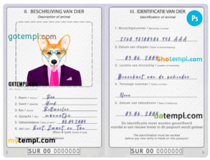 Suriname dog (animal, pet) passport PSD template, fully editable