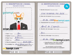 Cameroon dog (animal, pet) passport PSD template, fully editable