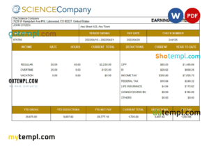USA The Science Company science company pay stub Word and PDF template