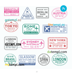 Bristol Paris Berlin travel stamp collection template of 14 PSD designs, with fonts