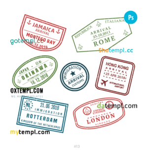 Jamaica Italy Japan travel stamp collection template of 7 PSD designs, with fonts