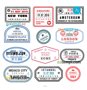 USA Singapore Turkey travel stamp collection template of 12 PSD designs, with fonts