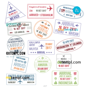 Mexico Sweden Indonesia travel stamp collection template of 14 PSD designs, with fonts