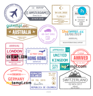 Thailand Colombia Switzerland travel stamp collection template of 14 PSD designs, with fonts