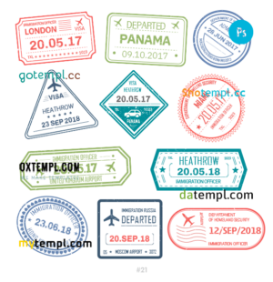 United Kingdom Panama Hong Kong travel stamp collection template of 11 PSD designs, with fonts