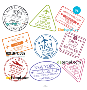 Brazil Poland Germany travel stamp collection template of 9 PSD designs, with fonts
