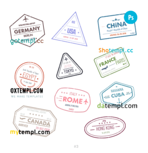 Germany USA China travel stamp collection template of 10 PSD designs, with fonts