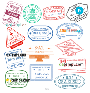 Spain Pakistan Korea travel stamp collection template of 14 PSD designs, with fonts