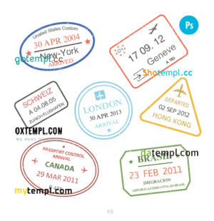 New York Geneva London travel stamp collection template of 7 PSD designs, with fonts