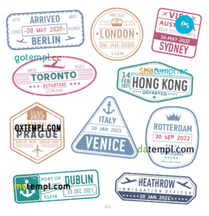 Berlin Dublin Heathrow travel stamp collection template of 10 PSD designs, with fonts