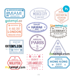 Miami Mexico city Nairobi travel stamp collection template of 12 PSD designs, with fonts