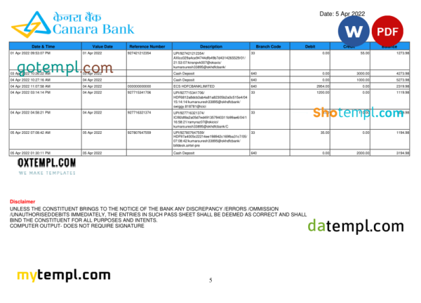 India Canara bank statement, Word and PDF template, 5 pages