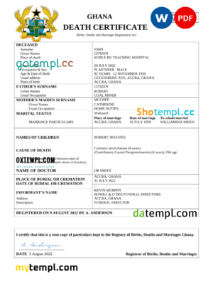 USA state Arizona death certificate template in PSD format, fully editable