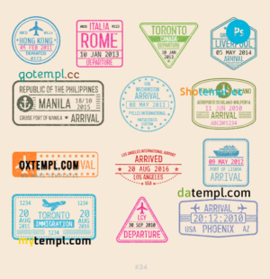 Hong-Kong Rome Toronto travel stamp collection template of 13 PSD designs, with fonts