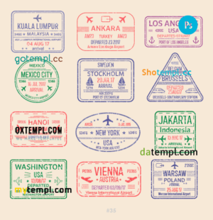 Mexico Washington New York travel stamp collection template of 12 PSD designs, with fonts