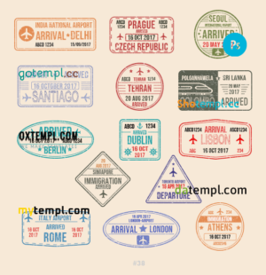Delhi Tehran Dublin travel stamp collection template of 14 PSD designs, with fonts
