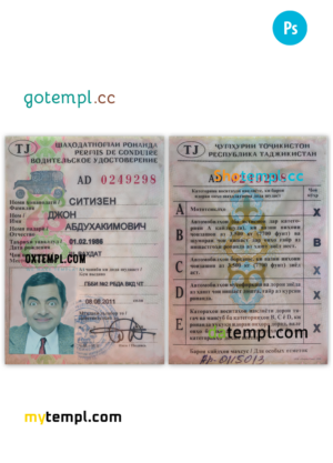 Tajikistan driving license PSD template, fully editable