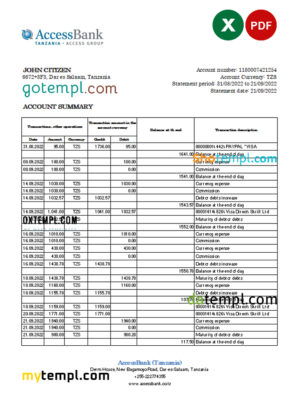 Tanzania Access bank statement, Excel and PDF templatev
