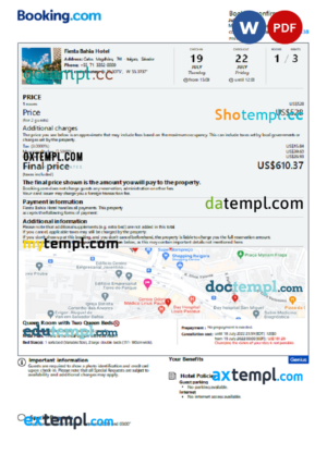 Salvador hotel booking confirmation Word and PDF template, 2 pages