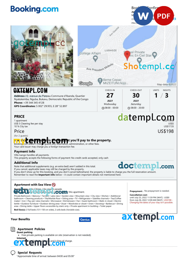 Democratic Republic of the Congo hotel booking confirmation Word and PDF template, 2 pages Democratic Republic of the Congo hotel booking confirmation Word and PDF template, 2 pages