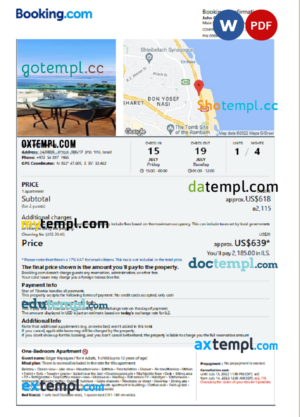 Israel hotel booking confirmation Word and PDF template, 2 pages