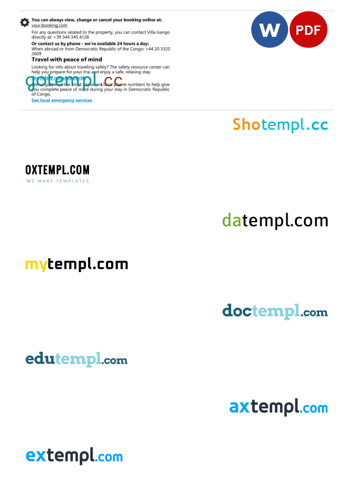 Democratic Republic of the Congo hotel booking confirmation Word and PDF template, 2 pages Democratic Republic of the Congo hotel booking confirmation Word and PDF template, 2 pages - Image 2