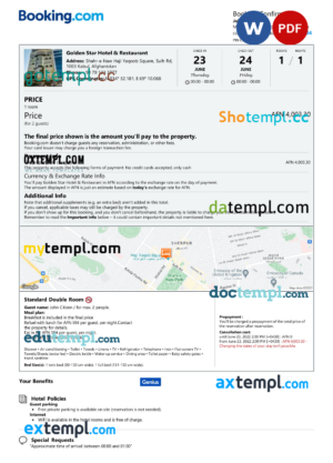 Afghanistan hotel booking confirmation Word and PDF template, 2 pages