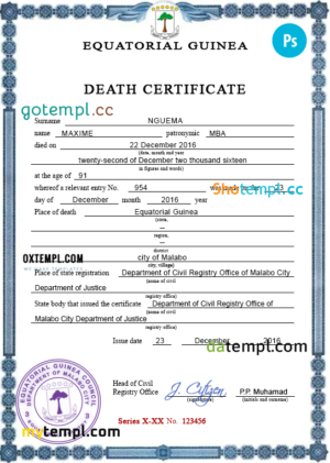 Equatorial Guinea death certificate PSD template, completely editable