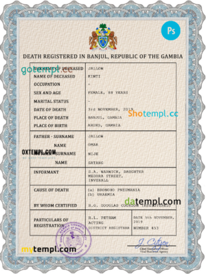 Gambia death certificate PSD template, completely editable