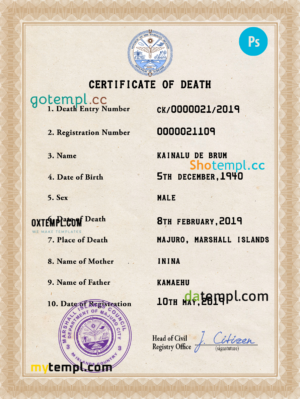 Marshall Islands death certificate PSD template, completely editable