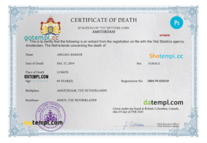 Netherlands death certificate PSD template, completely editable